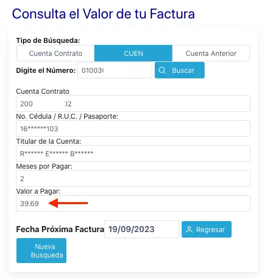 Consulta valor de factura eeasa